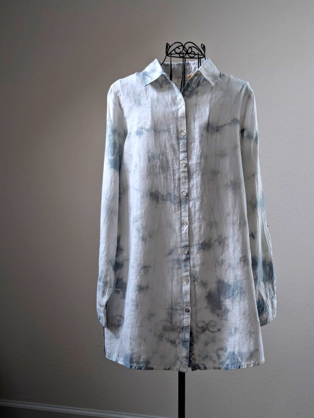 C&C California 100% Linen Gray-Blue Tie Dye Hi-Low Tunic Shirt Size S
